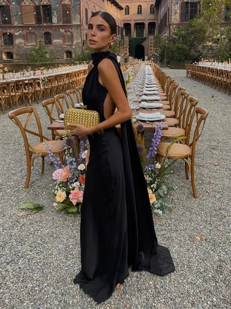 Satin Ribbon Halter Long Dress Women Elegant Sleeveless Backless Waist Cinching Dragging Evening Dresses Chic Ladies Vestido 250813