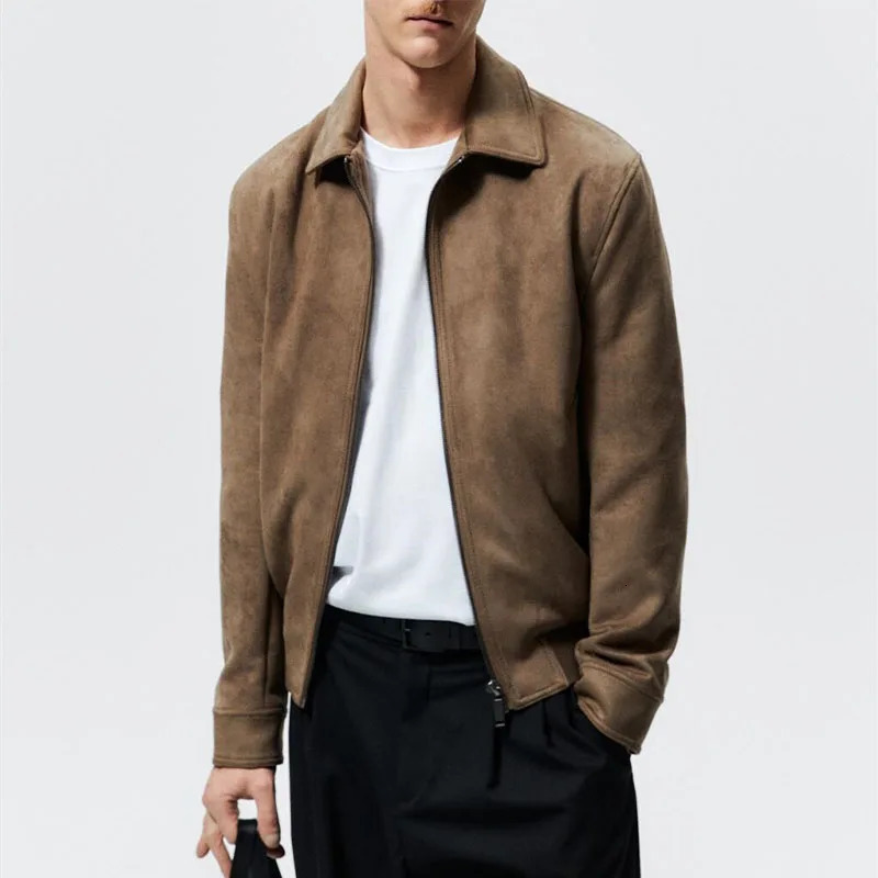 Spring Autumn Mens Faux Suede Lapel Jacket Casual Fashion Zipper Coat High Quality Suede Jackets 250808