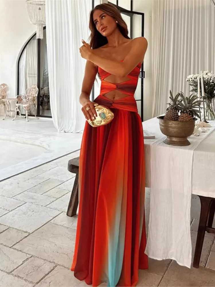 Womens Tie-dye Gradient Slim Fit Off Waist Long Dress Sexy Contrast Hollow Out Pleated Hem Chic Lady Party Holiday Wear XJ250814