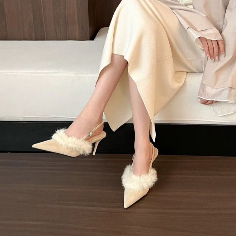 Women's Shoes Outer Wear Thin Heels Plush Sandals Pointed High Heels