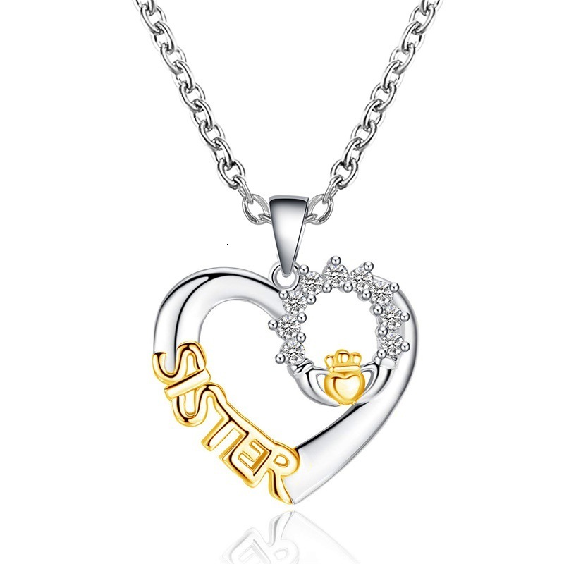 Popular Sisters Necklace Creative Heart SISTER Micro Pave Zircon Collarbone Chain Personality Pendant For Women
