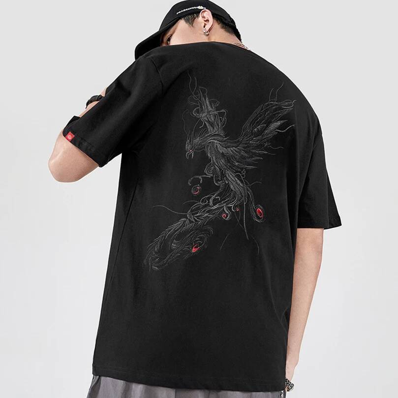 2025 Summer Cotton Trend Oversize Short Sleeve T-Shirt Men's National Chinese Style Tshirt Men's Phoenix Embroidery Top Tee Z1