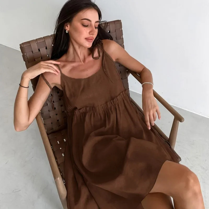 Simple Cotton Backless Suspender Dress Spring and Summer Beach Style Womens Loose Soft Ruffled Edge A-line Suspender Dress 250813