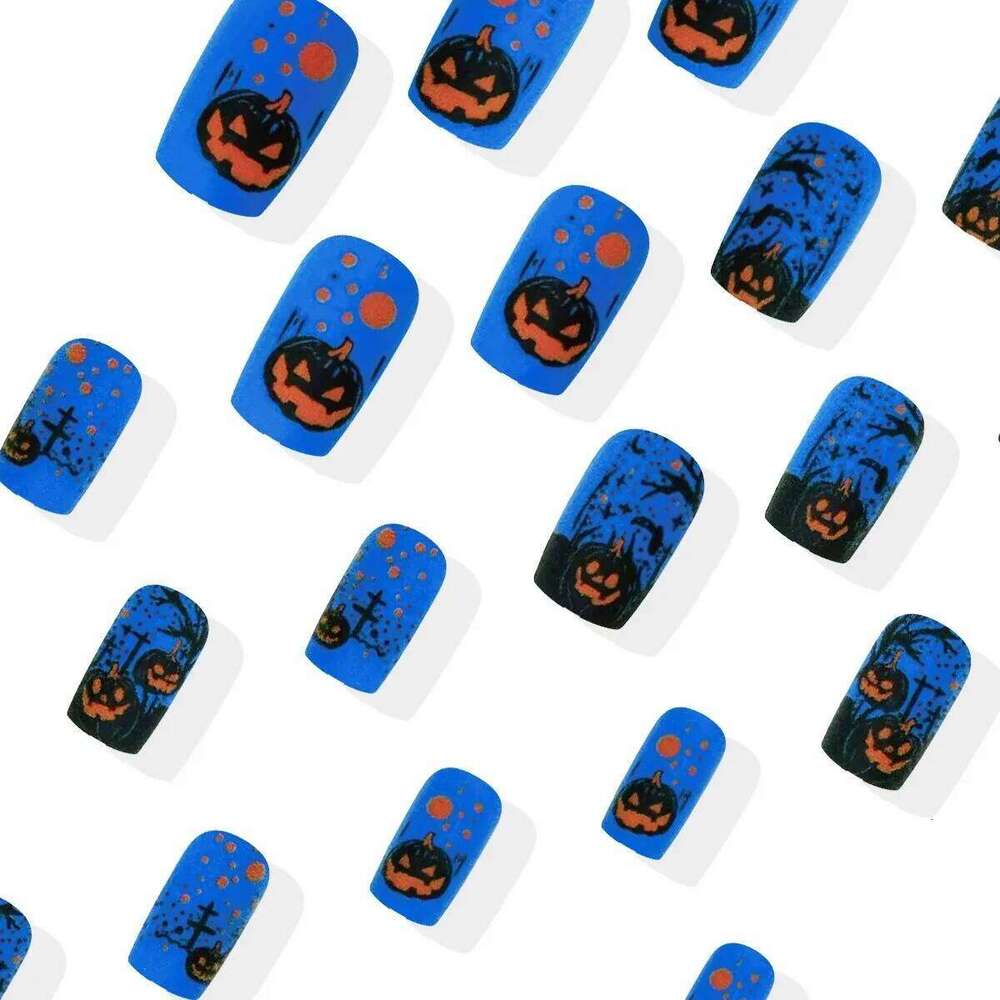 24pcs Halloween Blue Frosted Fake Long Ballet Ghost Pumpkin False Design Press On Nails Square Horror Artificial Nail X250814