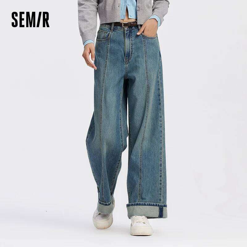 Semir Jeans Women Rolled Hem Long Pants 2025 Autumn New Loose Wide Leg Trousers