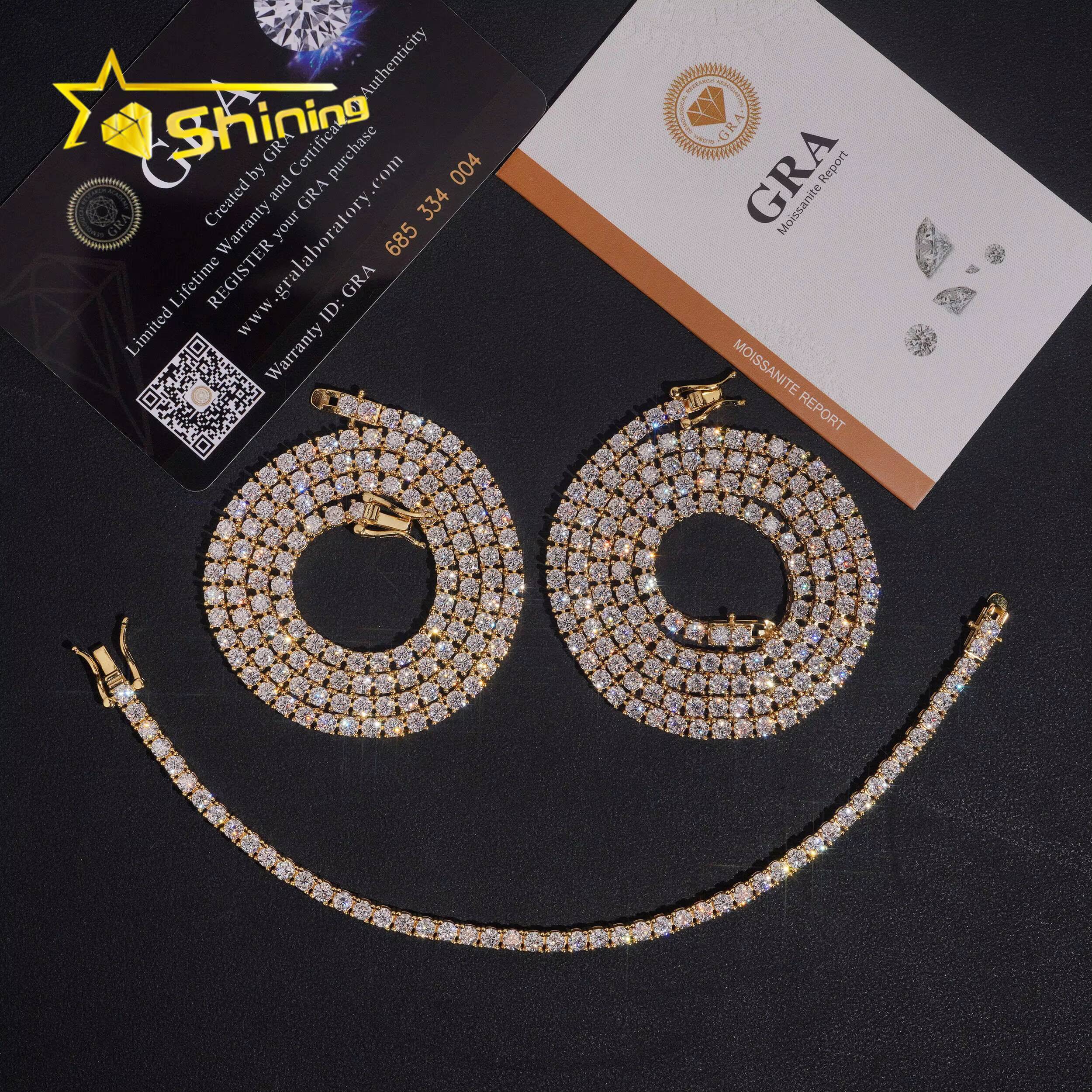 USA Warehouse Large Stock GRA Cert 3MM Solid Sier Hip Hop Iced Out VVS Moissanite Dia Tennis Chain Bracelet Necklace