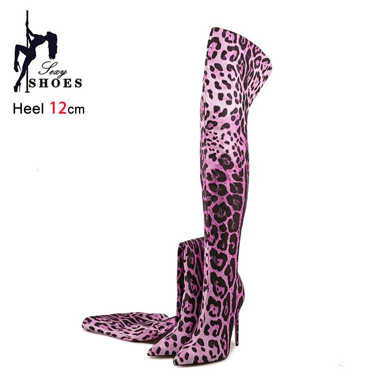 Purple Gradient Leopard Print Long Boots Women Thigh High Elastic Socks Boots 11CM Stiletto Over-the-Knee Spring Autumn Shoes 250812
