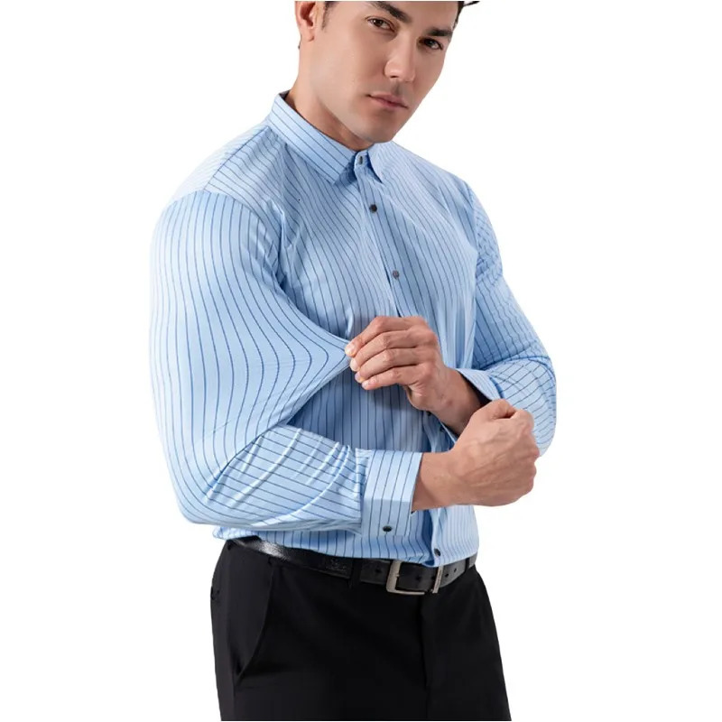 Spring Elastic Striped Shirt Mens Business Casual Shirt No Iron Long Sleeved Seamless Shirt Dress Shirts Basic Tops 250813