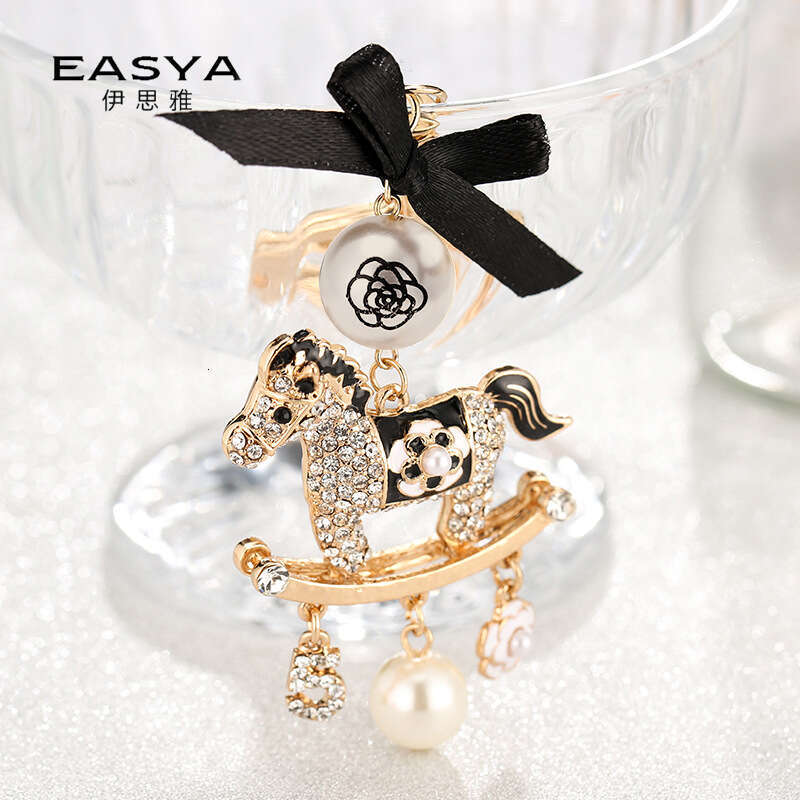 Korean Style New Diamond-Encrusted Carousel Car Pendant Bowknot Pearl Keychain Fashion Bag Accessories
