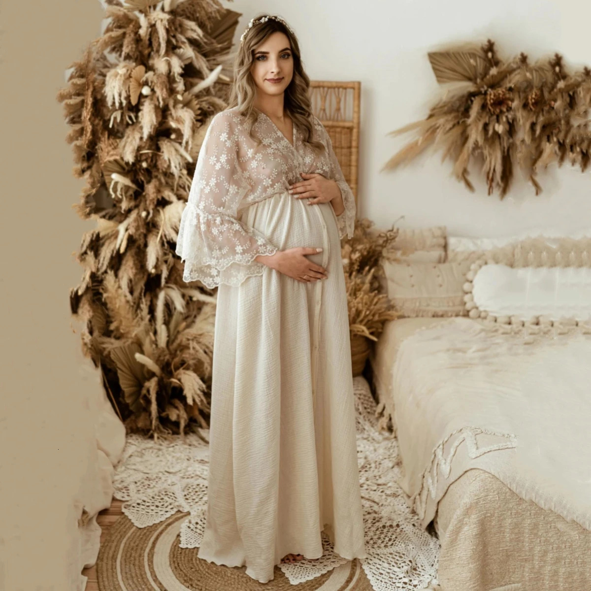 Boho Cotton Maternity Po Shoot Dress Beige Bohemian Lace Stiches Cotton Pregnant Woman Pography Long Dresses 250813