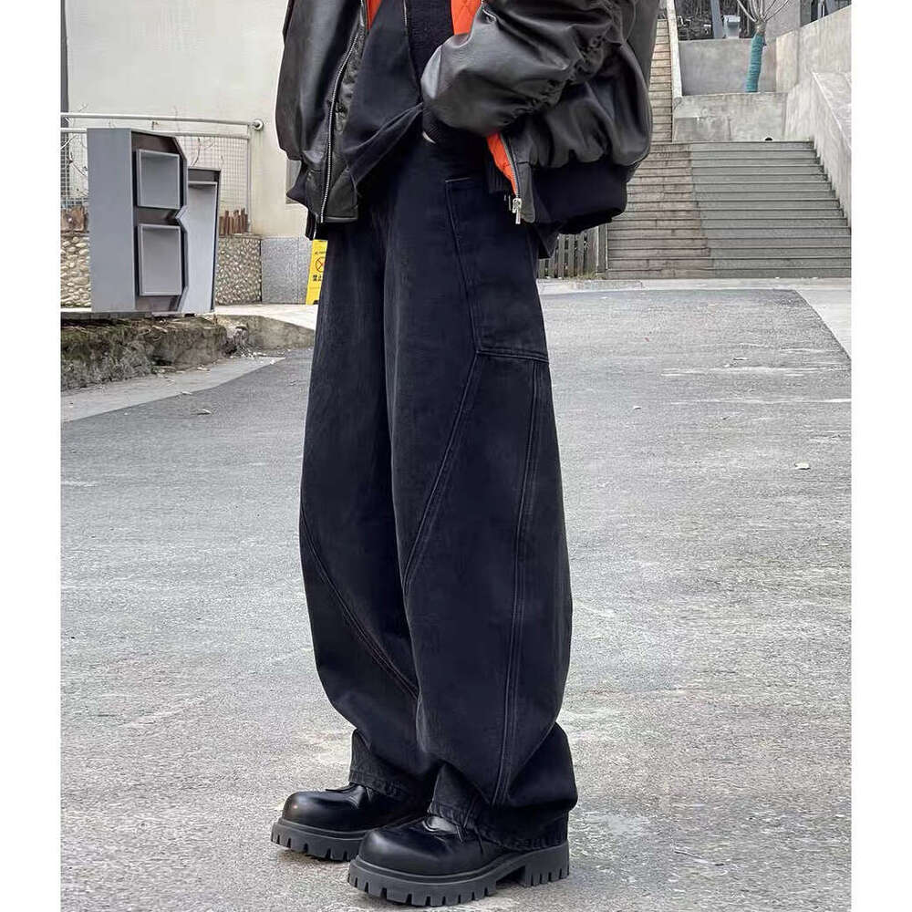 Washed Loose Scimitar Denim Pants Casual Deconstructed Niche Trend B5