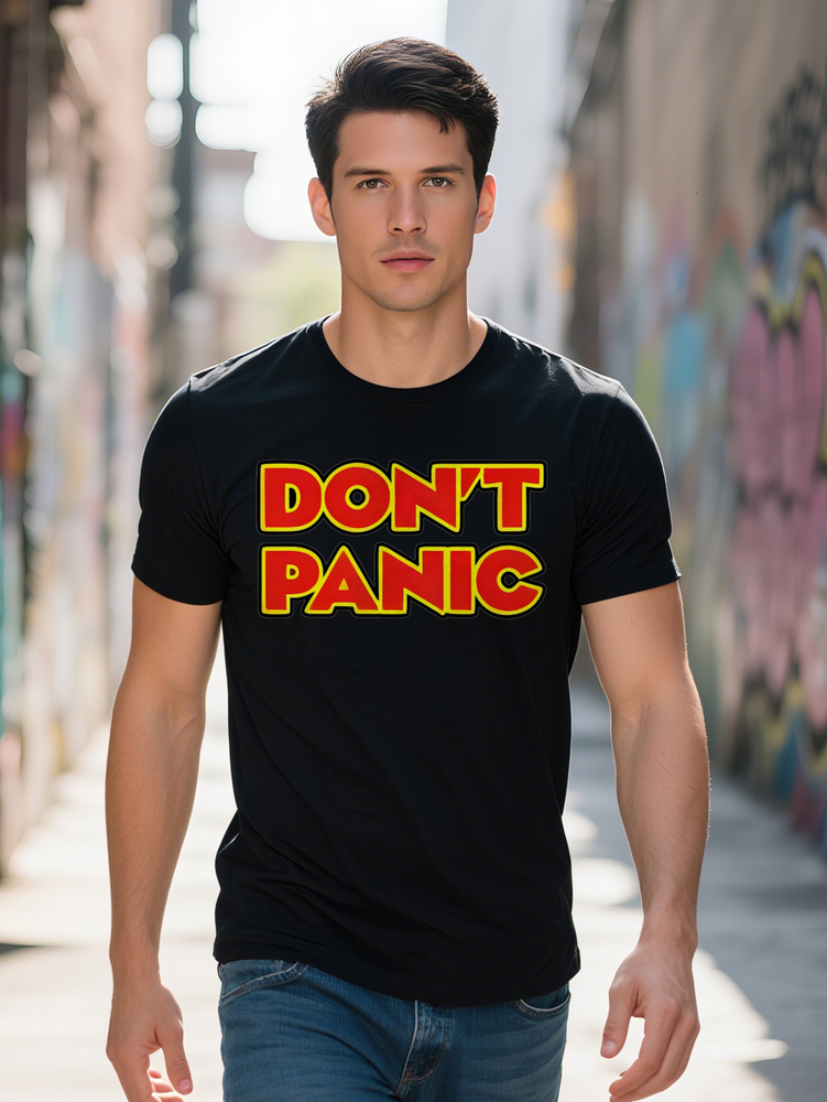 Men S Don't Panic Graphic T-Shirt Black Casual Tee with Bold Yellow Orange Print Soft Fabric Regular Fit Perfect