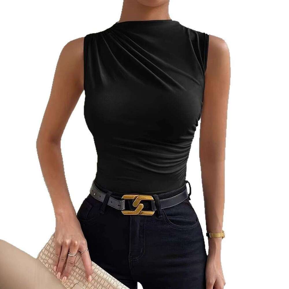 European 2025 Spring Summer New Fashion Versatile designer t shirt Solid Color Ruched Sleeveless Pullover Half High Neck T-Shirt