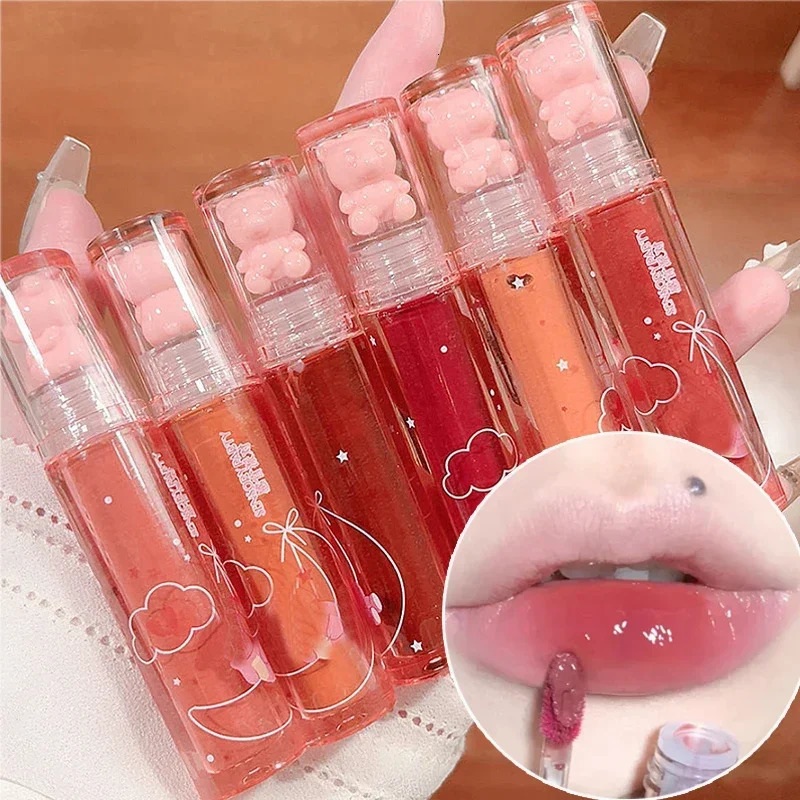 Cute Pink Bear Water Light Lip Gloss Lasting Crystal Glossy Lip Glaze Mirror Nude Liquid Lipstick Women Lips Makeup Cosmetics 250812