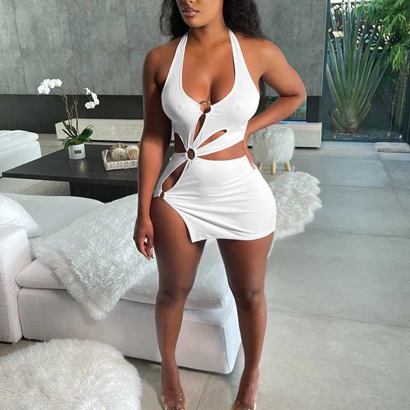 2022 Summer Dresses for Women High Street Stretch Slim Hollow Sexy Mini Bodycon Dress Ele Orange Sleeveless Club Party Sundress XJ250814