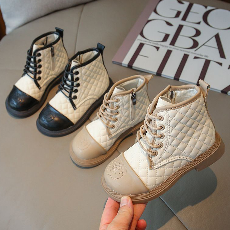 Girls Boots Kids Fashion Rubber Boots Toddler Elegant Plaid Girl Fall Winter Side Zip Boots for Children Princess PU Leather Shoe Sizes US9C-US4Y 0003