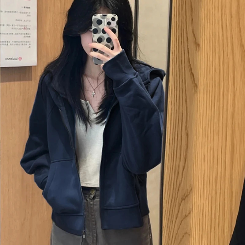 Female Casual Koreanstyle Jacket Allmatched Zipper Long Sleeve Hooded Sweatshirts Outer Pockets Sports Short Open Cardigan 250813