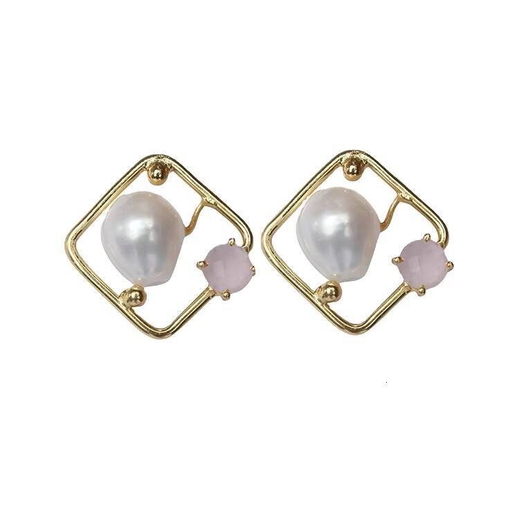 Hot Selling Elegant Design Gold Plated Freshwater Baroque Pearl & Rose Quartz Rhombus Square Stud Brass Fashion Earrings