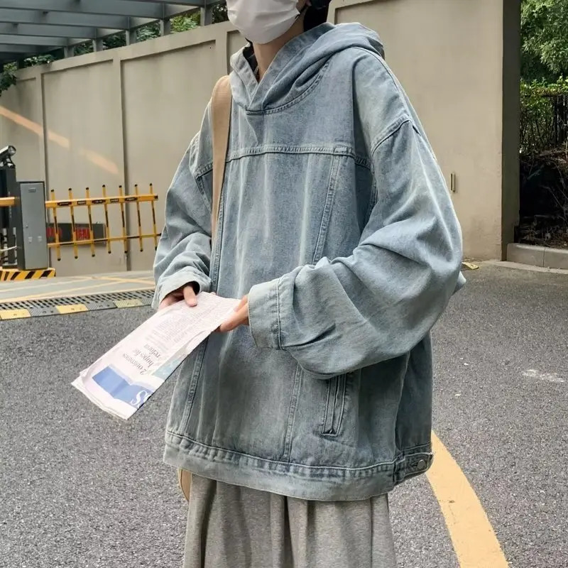 American Washed Retro Denim Hoodie Mens Sense Hooded Y2k Harajuku Autumn And Winter Fashion Trend Heavy Oversize Coat 250813