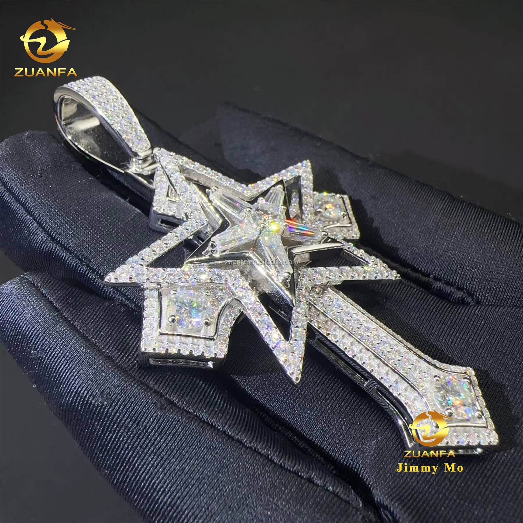 New Arrivals in Stock Iced Out Hip Hop Stylish Rapper Jewelry 925 Silver Vvs1 Moissanite Diamond Star Shape Cross Pendant Men