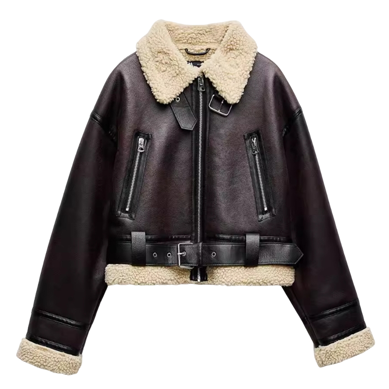 Splicing fur and leather one-piece jacket for early spring season women's clothing, autumn and winter temperament, popular fur motorcycle style j
