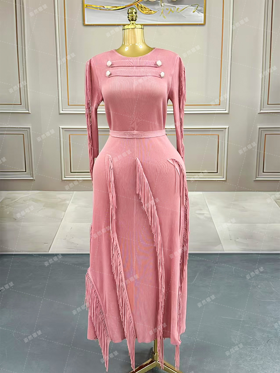 Women's Dresses Chic Floral Patterned Long Sleeve Gown with Decorative Fringe Accents 25102