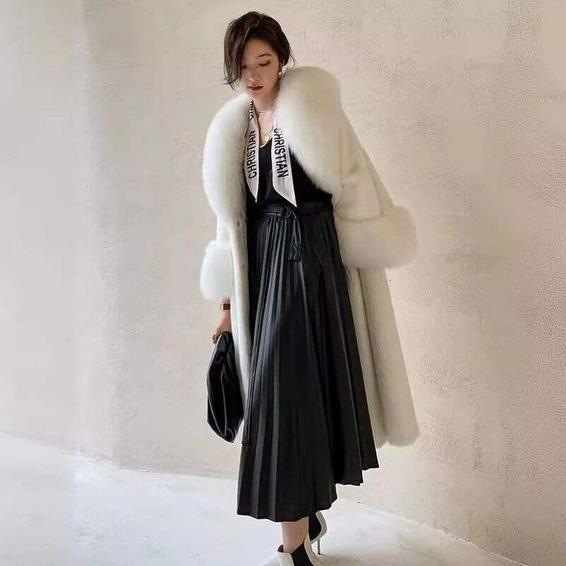 Women Long Coats Faux Fox Fur Collar Thick Warm Coat Full Sleeve Elegant Autumn Winter Furry Outerwear Work Elegant Jacket