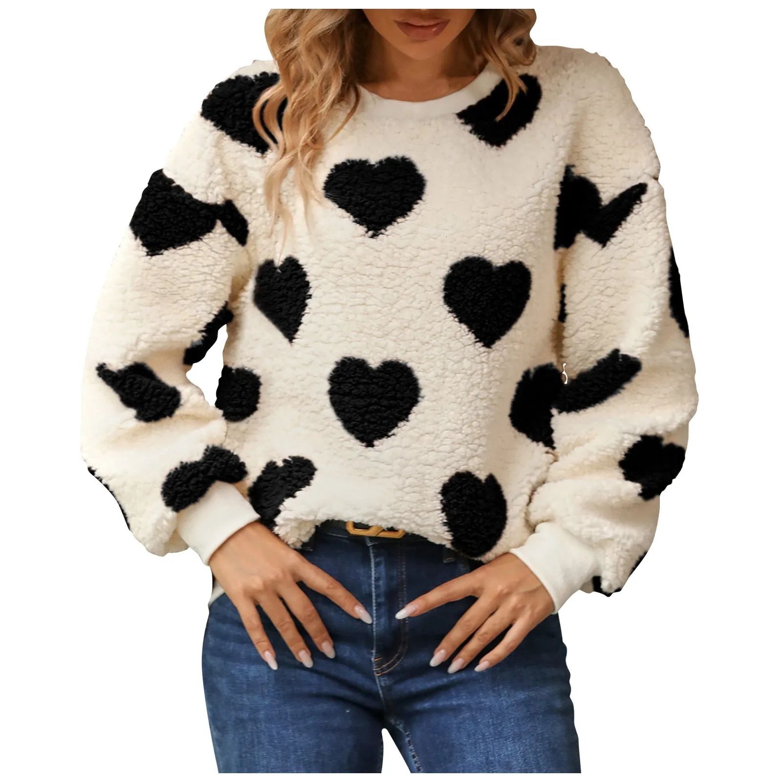 Plush Heartshaped Printed Sweater Women Loose Comfortable Round Neck Pullover Sweaters Casual Fashionable Long Sleeved Tops 250813