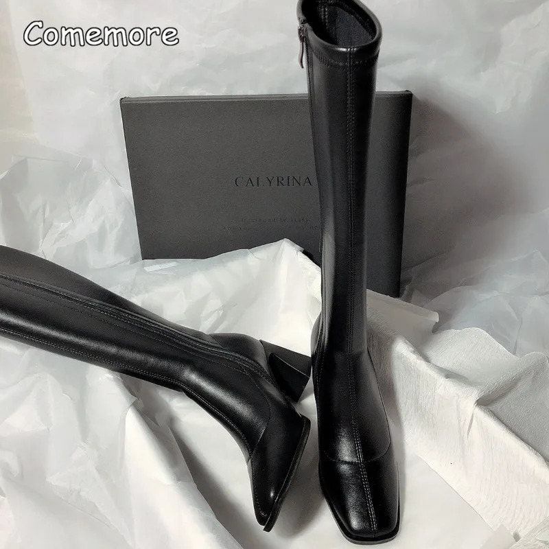 Comemore 2025 High-heeled Tight Boots Simple But Knee-length Boot Square Head Female Fashion Ladies Shoes Sexy Heels 250812