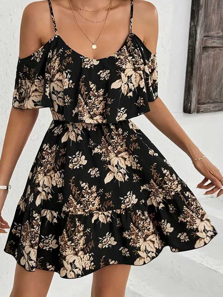 100% Cotton Printed Halter Neck Mini Dress Womens Bowed Waist Pleated Skirt Short Sleeve V-neck Gown for Ladies Fashionable XJ250814