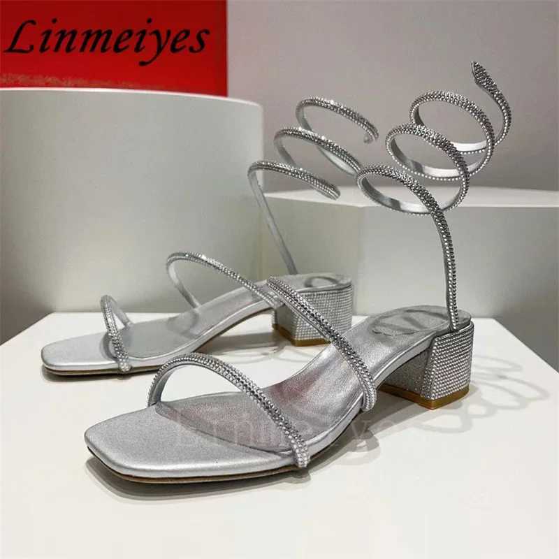 2024 Summer Crystal Sandals Women Ankle Snake Twine Around Wedding Shoes Female Square Heels Sandals Woman W250814