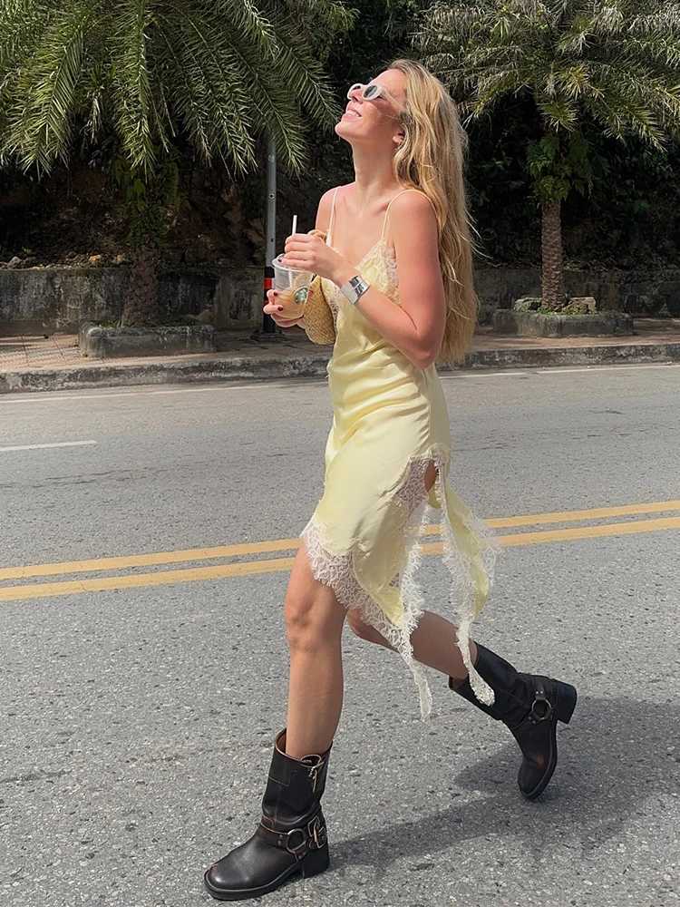 Yellow Satin Lace Splicing Sling Dress Women Ele Irregular Hem V Neck Backless Sleeveless Gown Chic Women Party Club Dress XJ250814