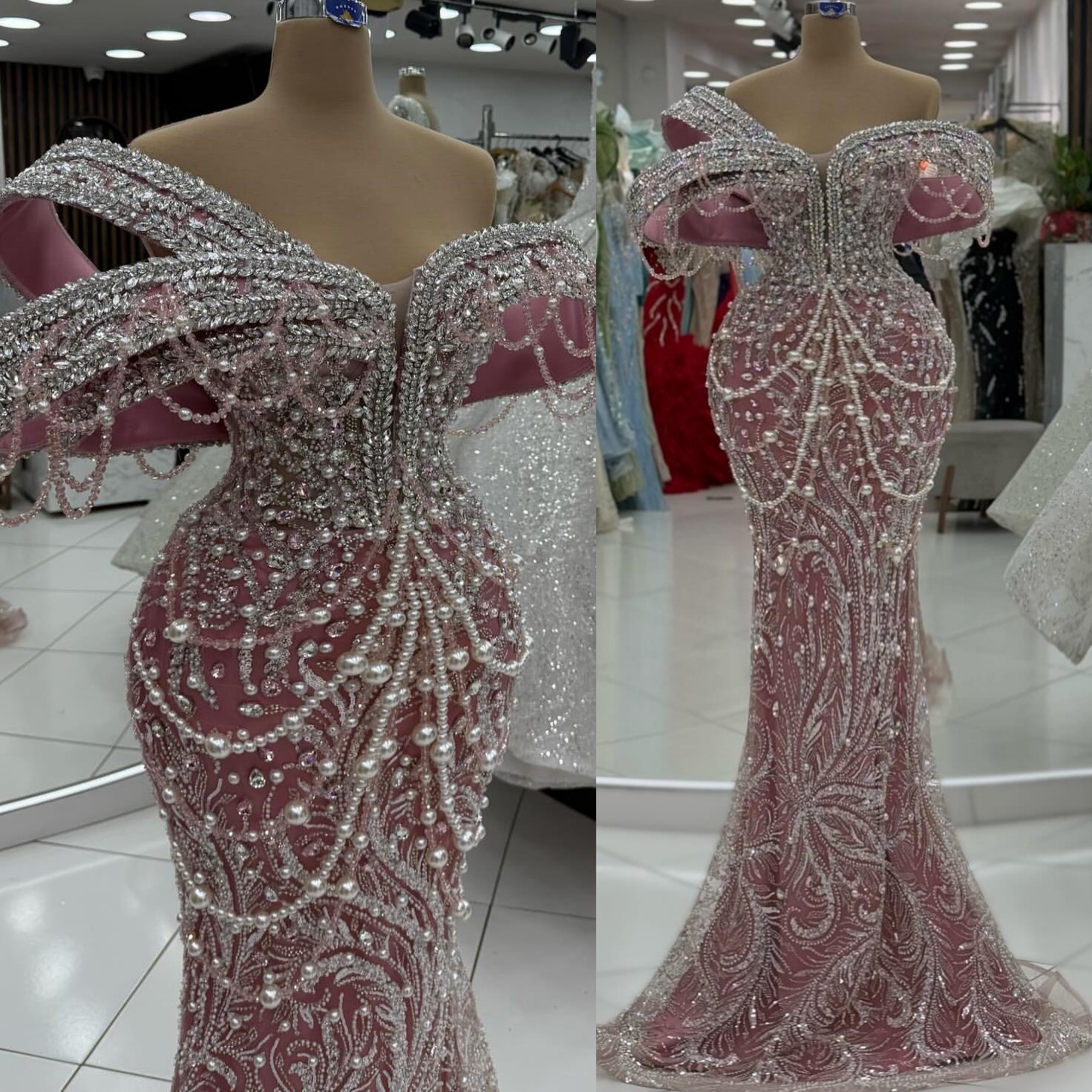 Blush Pink Mermaid Prom Dresses 2025 Pearls Crystals Stylish Evening Formal Party Second Birthday Engagement Gowns Plus Size Dress For Special Occasio