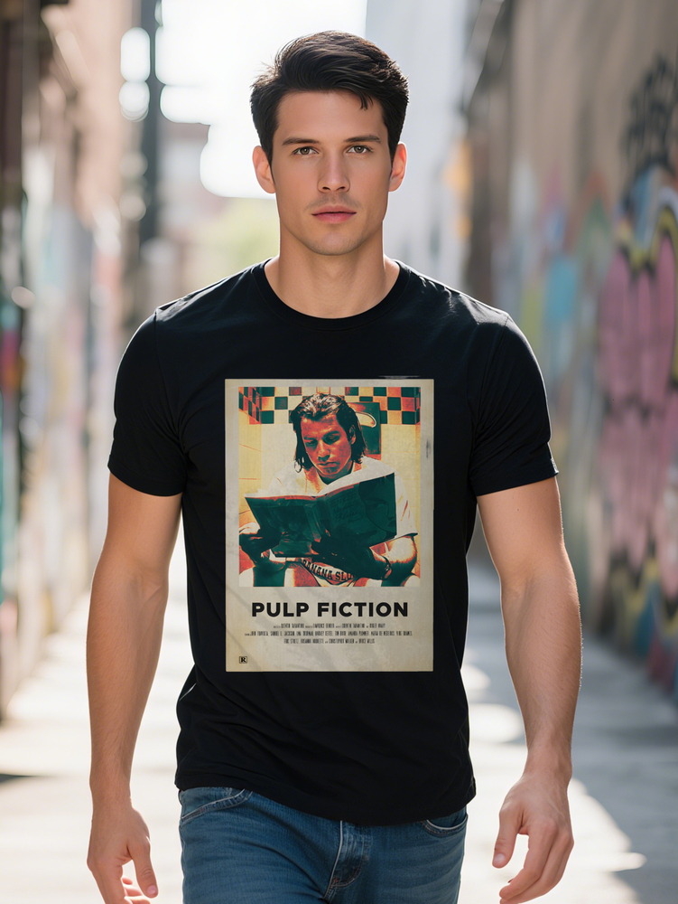 Men S Casual Crew Neck T-Shirt Pulp Fiction White with Black Print Short Sleeve Regular Fit Summer Tee Perfect