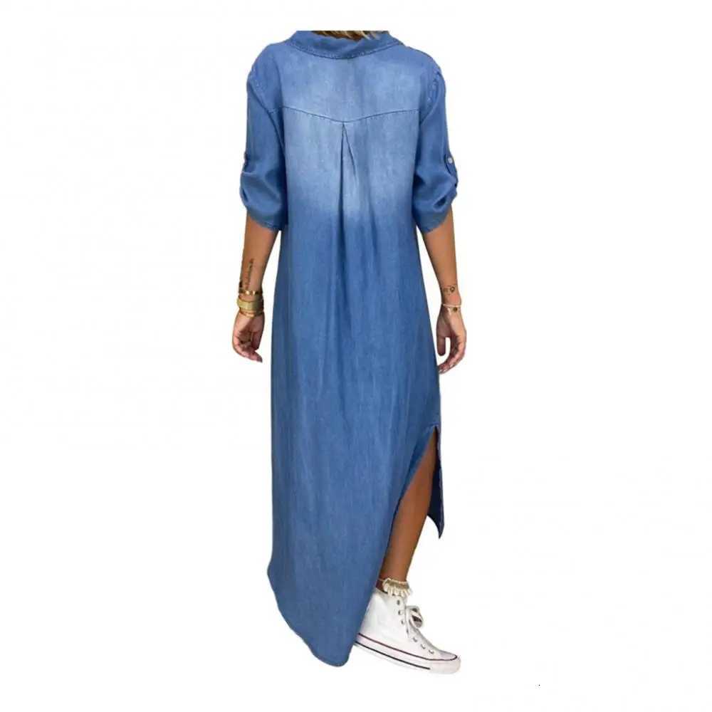 Women Plus Size Dress Vintage Summer V Neck Half Sleeve Side Slitting Hem Loose Long Denim Dress XJ250814