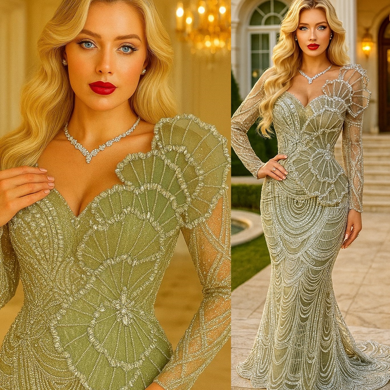 Mermaid Tea Green Prom Dresses 2025 Deep V-neck Florals Crystals Evening Formal Party Second Birthday Engagement Gowns Plus Size Dress For Special Occ