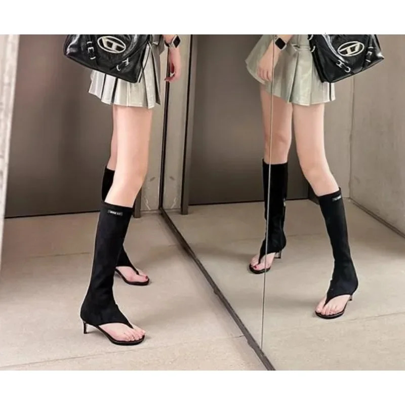 Black Kitten Heel Clip Toe Boots Elastic Soft Microfiber Flip-flops Knee Boots Womens Side Zip Low Heel Thigh High Boots Heels 250812