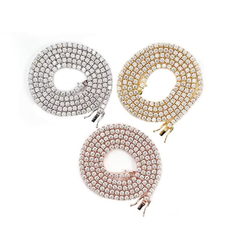 Hottest Sale 3MM 4MM Hip Hop Iced Out Tennis Necklace 925 Silver Moissanite Tennis Chain