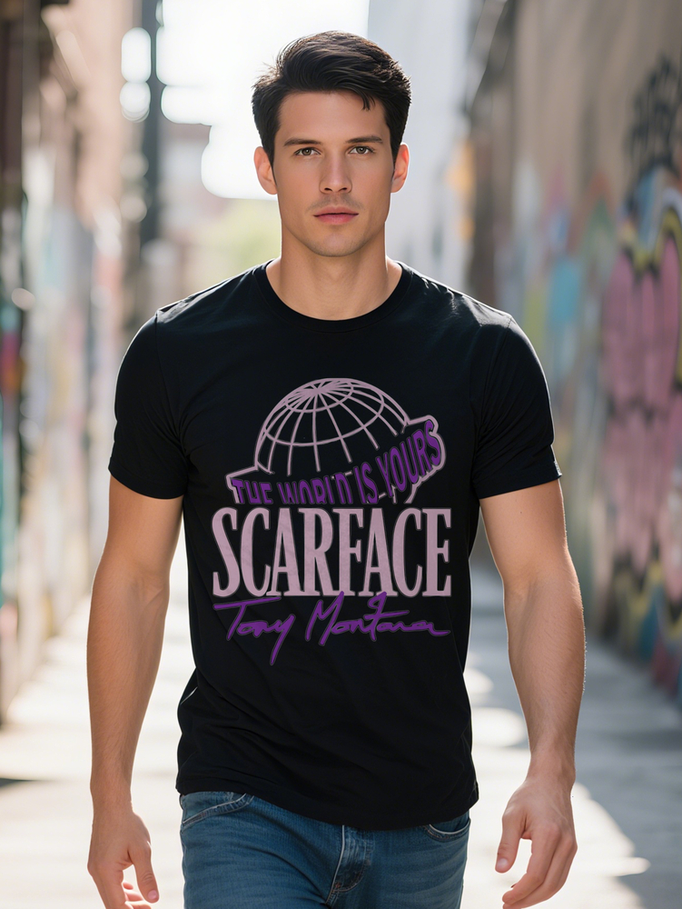 Men S Casual Round Neck T-Shirt THE WORLD IS YOURS Globe Print Black with Purple Lettering Summer Tee Perfect Gift
