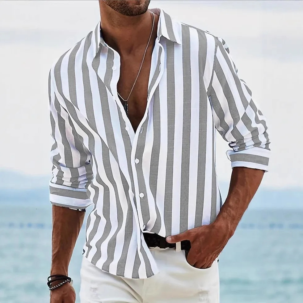 Spring and Autumn Mens Color Woven Striped Casual Loose Long Sleeved Shirt Mens Shirt Tops 100% Polyester Microprojectile 250813