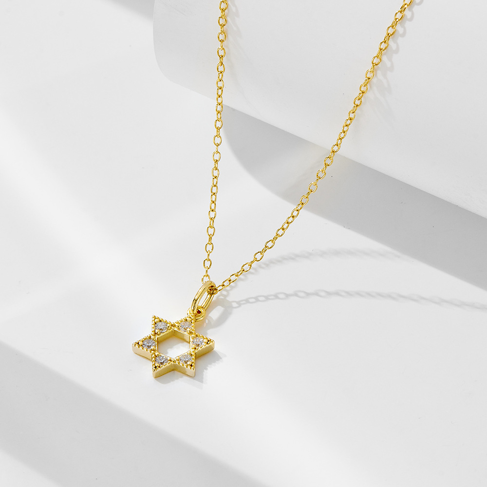 Sterling Sier Hexagram Hollow Pendant Necklace for Women Fashion Niche Design 14k Gold Plated Dia Inlaid Clavicle Chain