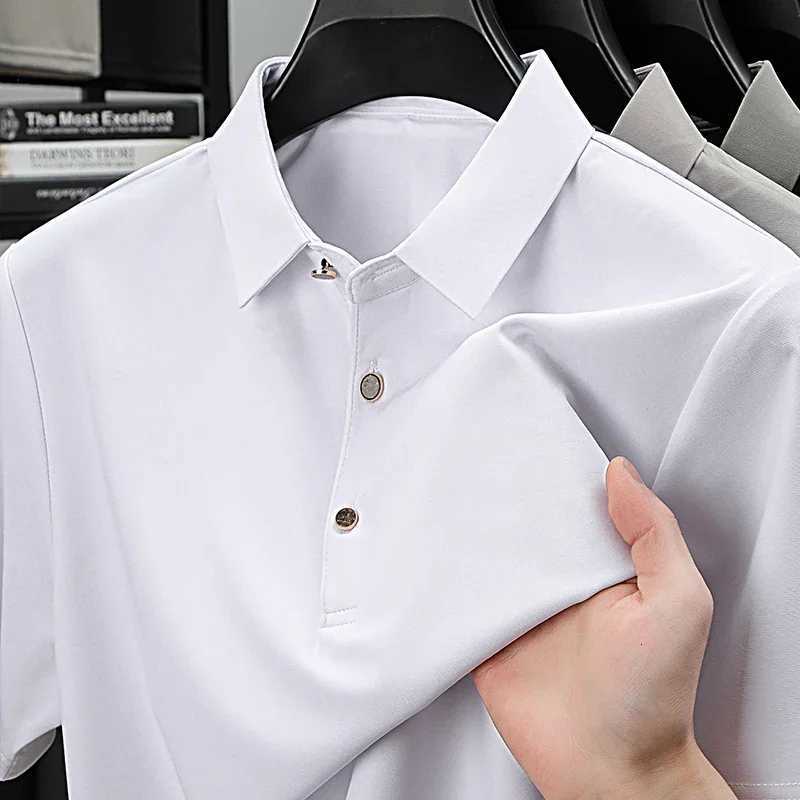 2025 Summer Men Polo Shirt Office Short Sleeve Solid Color Ice Silk Soft Work Plain Tops Mens Polo T Shirt 4XL XJ250804
