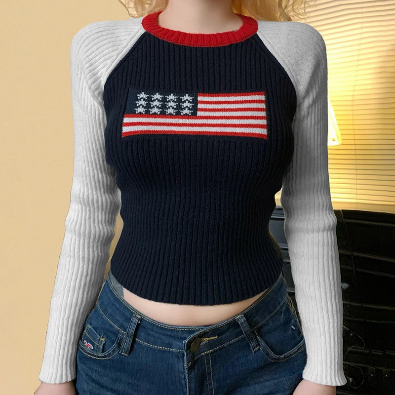 Flag Graphic Colorblock Long Sleeve Sweater Fall Winter Slim Fit Round Neck Short Pullover Casual Fashion Knitwear for Women 250808