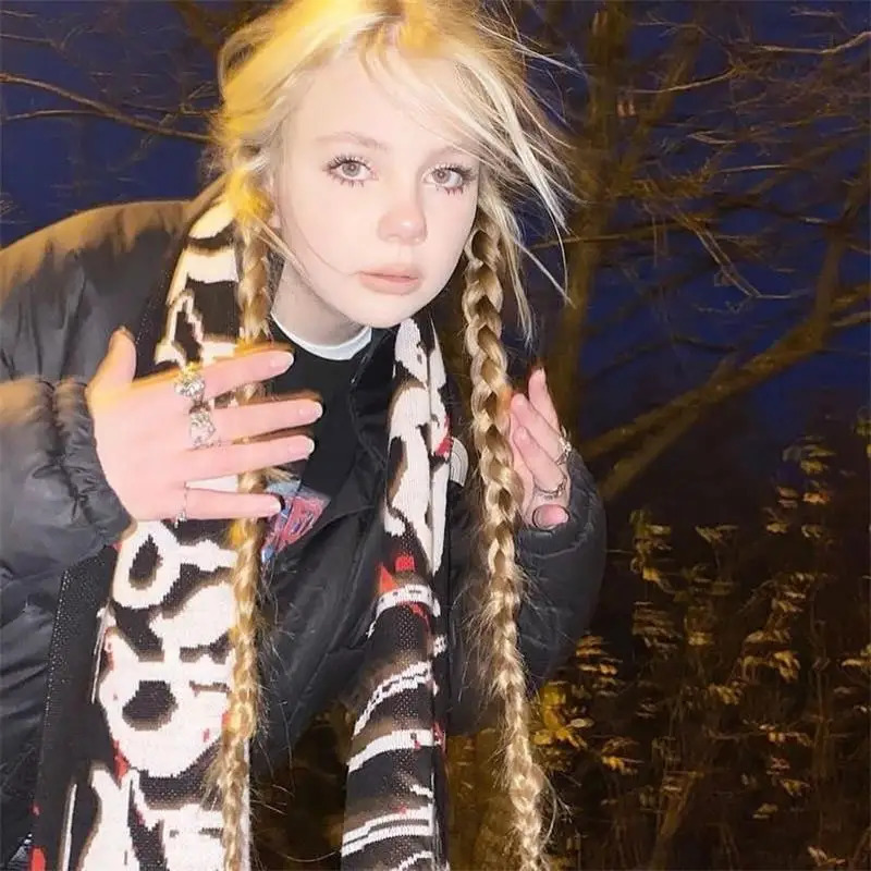 Fashion creative Goth Letter striped knitted womens scarf mens winter scarf apron black tassel luminous Y2K Kpop 250813