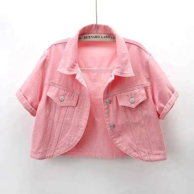 Designer Clothing 2025 Spring Summer Women Solid Color Casual Denim Coat Female Short Sleeve Pink Jean Jacket Outerwear Chaquetas