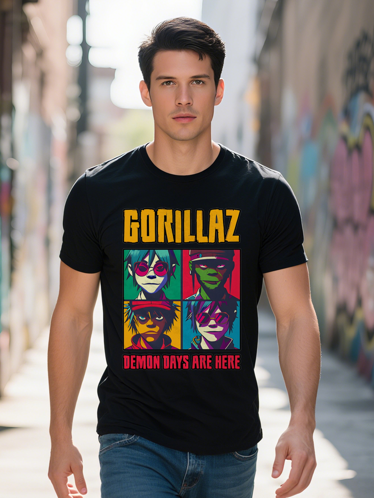 Men S Gorillaz Graphic T-Shirt Demon Days Are Here Print with Four Character Portraits Black Casual Round Tee Summer
