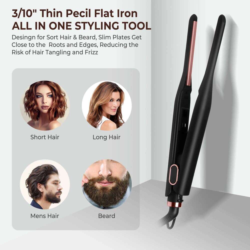 Small for Short Hair, Temperature Adjustable Pencil Flat Fast Heat Up, 3/10 Inch Beard Straightening Iron