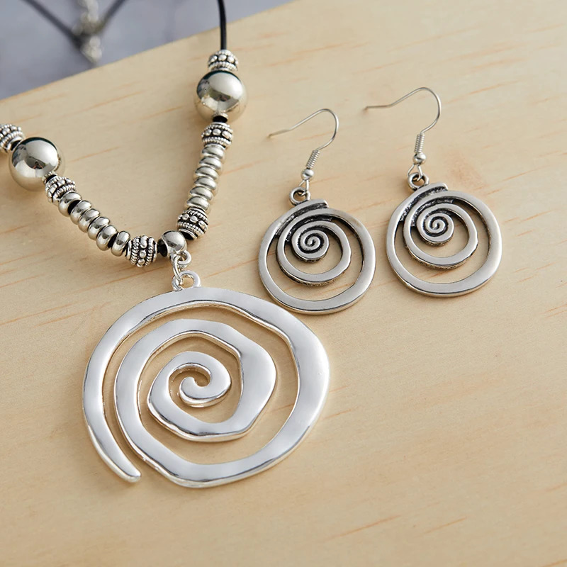 Vintage Ethnic Style Exaggerated Spiral Vortex Pendant Necklace Earrings for women Unisex Boho Fashion Jewelry Accessories 250812