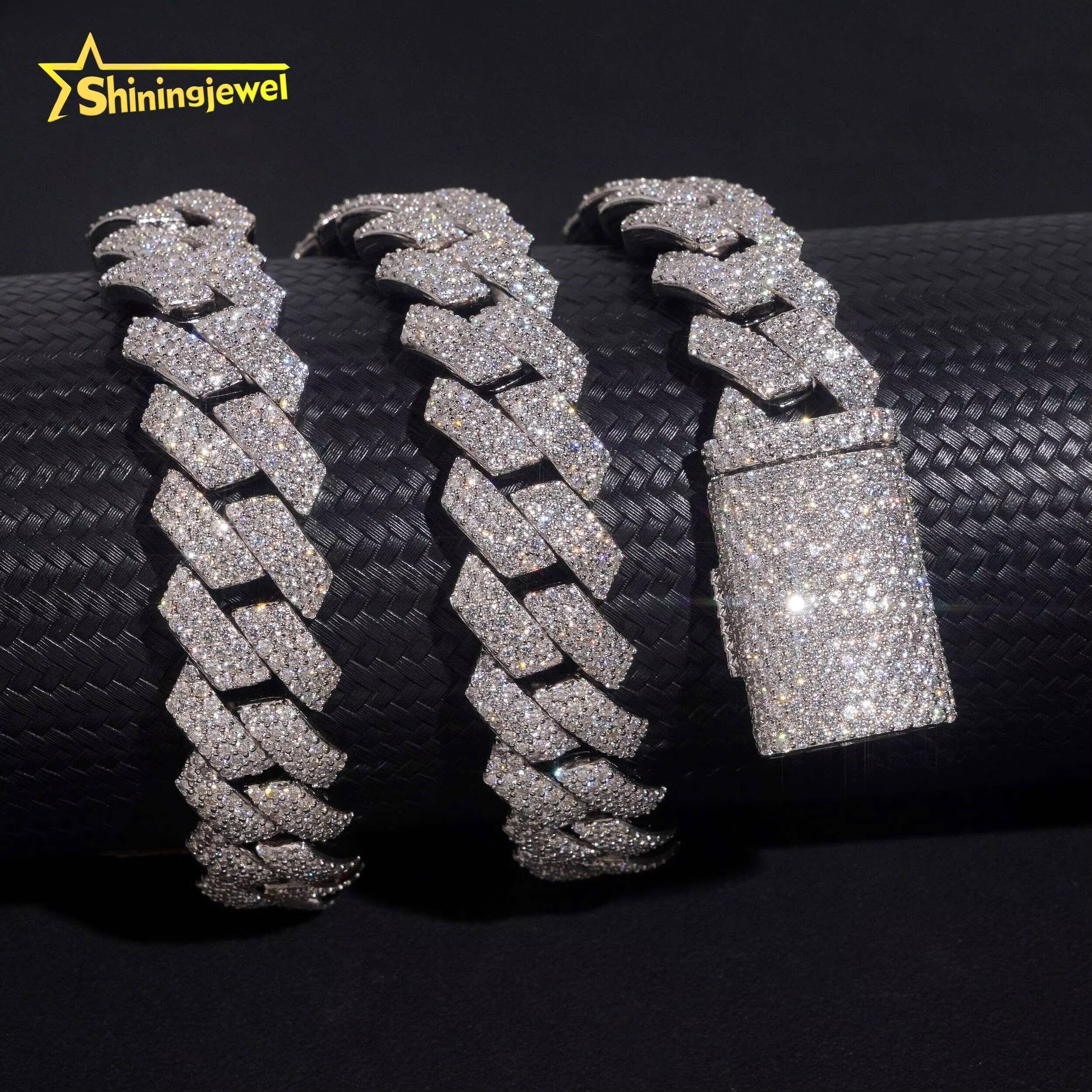 New Design Sier 15MM 3Rows Moissanite Hip Hop Jewelry Iced Out Men Fashion Long Necklace Cuban Link Chain