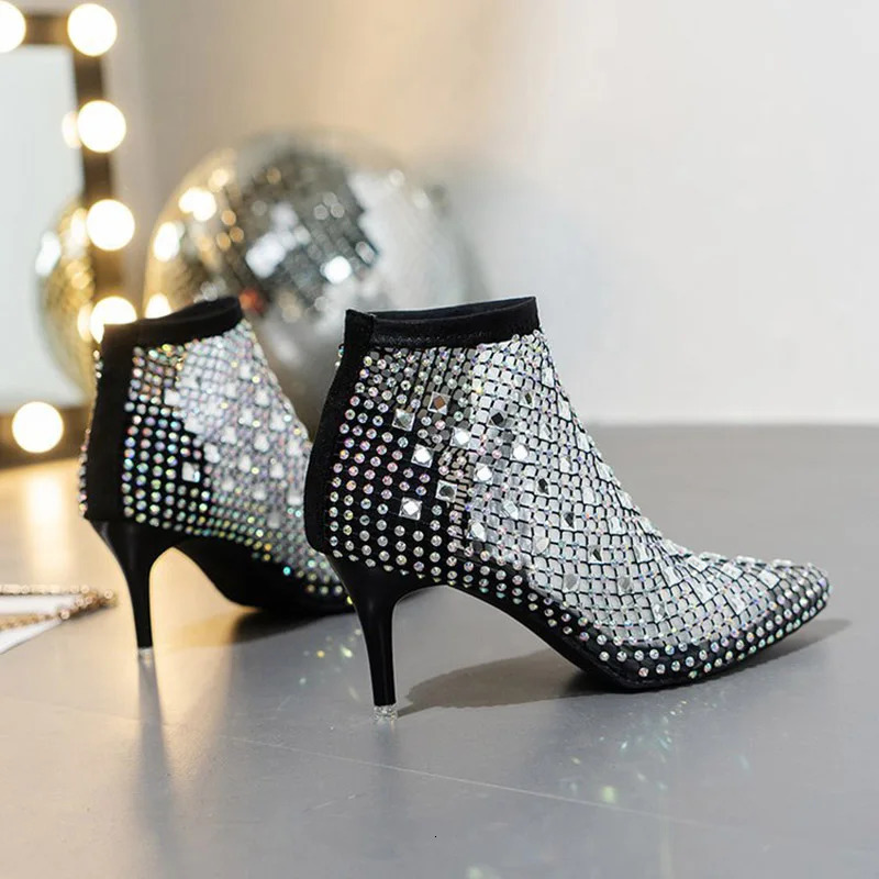 2025 Summer Mesh Sandals Boots Women Rhinestones Hollow Pointed Toe Shoes Woman Bling Stretch Socks Thin High Heels Ankle Boots 250812